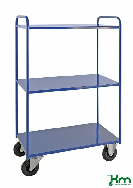 Kongamek Etagenwagen mit 3 Böden, vollständig geschweißt, 955 x 550 x 1490 mm, Blau, 2 Bockrollen 2 Lenkrollen mit Bremse, KM4149-BB