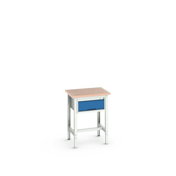 bott verso Werkbank (Multiplex-Platte) mit Querstrebenset und 1 Schublade, BxTxH: 700 x 600 x 780 - 930 mm, Lichtgrau / Enzianblau, 16921600.11