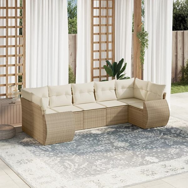 vidaXL 7-teilig Garten-Sofagarnitur mit Kissen Beige Poly Rattan, 3254125