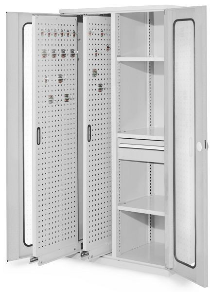 Kappes RasterPlan Vertikalschrank Modell 82, 1950 x 1000 x 600 mm, RAL 7035, Sichtfenstertür, 2 Auszüge Lochplatten, 1465.03.5013