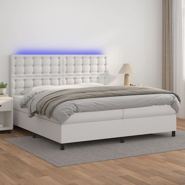 vidaXL Boxspringbett mit Matratze & LED Weiß 200x200 cm Kunstleder, 3135964