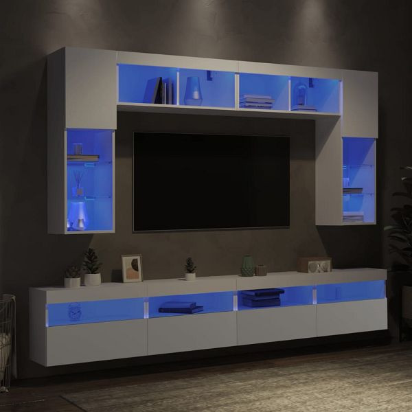 vidaXL 8-tlg. TV-Wohnwand mit LED-Leuchten Weiß, 3216764
