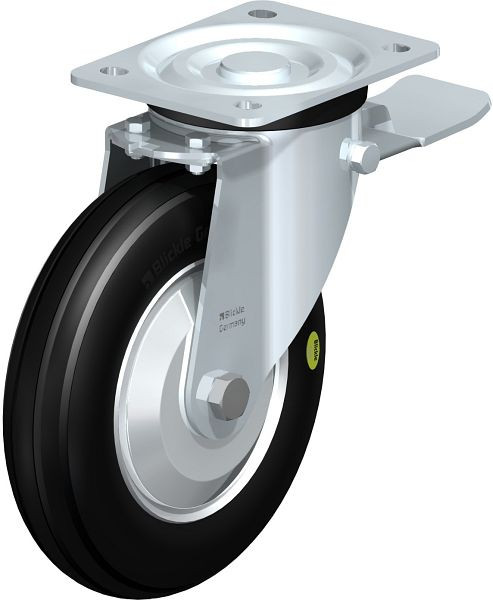 Blickle L-VW 202R-ST-FA Stahlblech-Lenkrolle, mittelschwere Ausführung, mit Anschraubplatte & Feststeller, Weichgummi, Schwarz, 749558