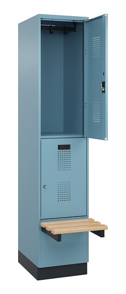 C+P Doppelstock-Spind Evolo PLUS, Bank, 2 Fächer, 1950x400x815mm, 0010/0010, Zylinderschloss, Sitzfläche Buche-Hartholz, mit Sockel, 049340-12 S10048