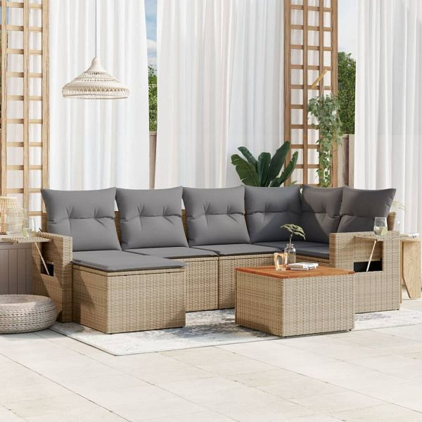 vidaXL 7-teilig Garten-Sofagarnitur mit Kissen Beige Poly Rattan, 3256997