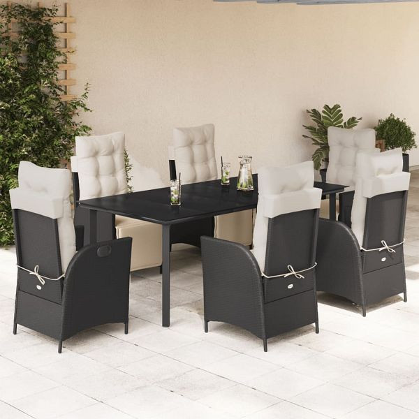 vidaXL 7-teilig Garten-Essgruppe mit Kissen Schwarz Poly Rattan, 3213390