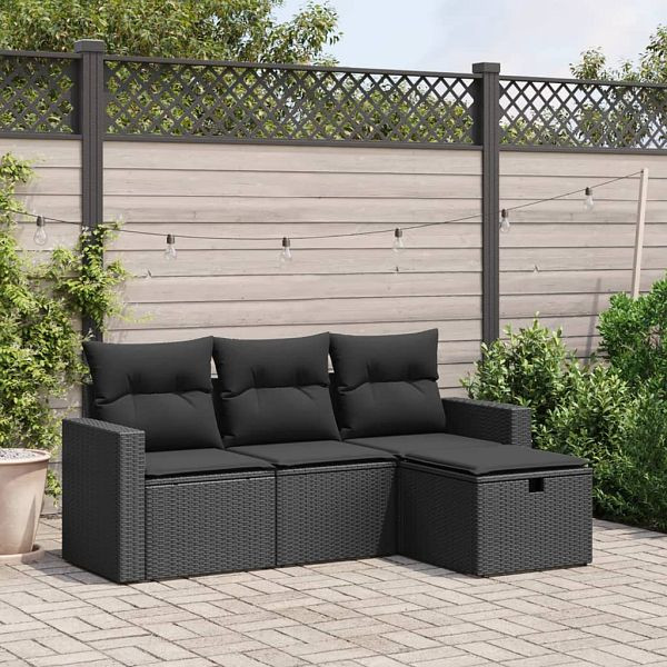 vidaXL 4-teilig Garten-Sofagarnitur mit Kissen Schwarz Poly Rattan, 3263441