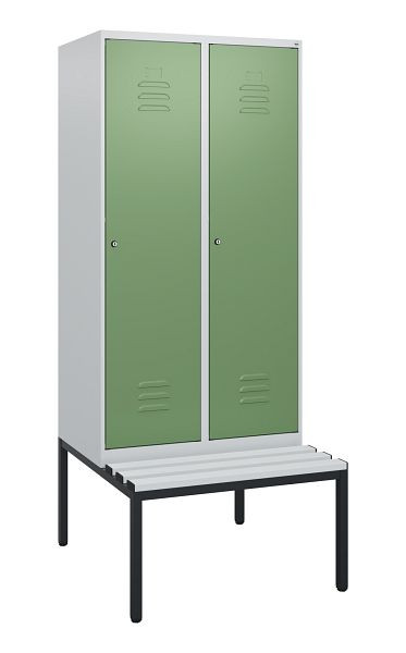 C+P Umkleidespind Classic PLUS, mit untergebauter Sitzbank, 2 Abteile, 1950x800x815mm, 7035/6011, Zylinderschlösser, 0800505-22 S10051