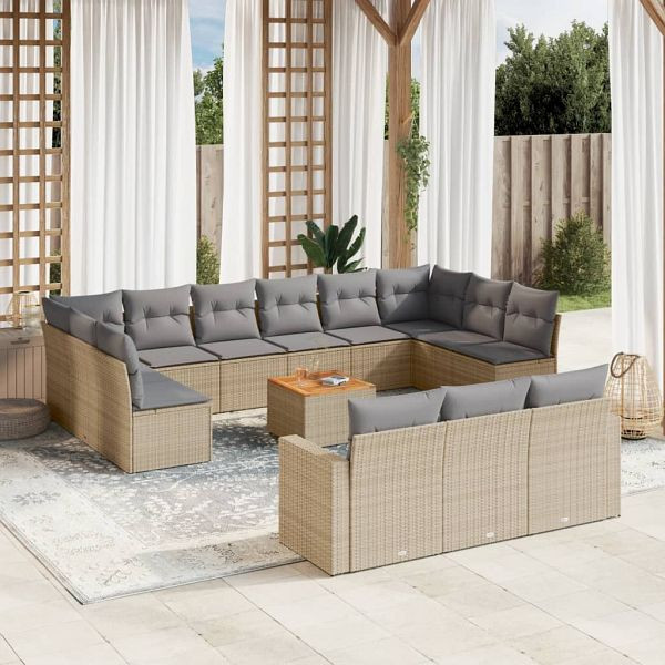 vidaXL 14-teilig Garten-Sofagarnitur mit Kissen Beige Poly Rattan, 3224365