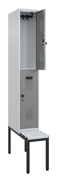 C+P Doppelstock-Spind Evolo PLUS, Bank, 2 Fächer, 2120x300x815mm, 7035/0004, Drehriegel, Sitzfläche Kunststoff, Sitzbank, 0493507-10 S10095
