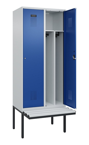 C+P Spind Evolo PLUS, 2 Abteile, 2120x800x815mm, 7035/5010, Haken 4, Zylinderschloss, Sitzfläche Kunststoff, Trennwand, 0490407-22F S10087