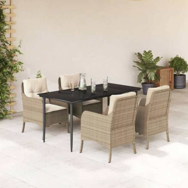 vidaXL 5-tlg. Garten-Essgruppe mit Kissen Beige Poly Rattan, UV-beständig, 3211965