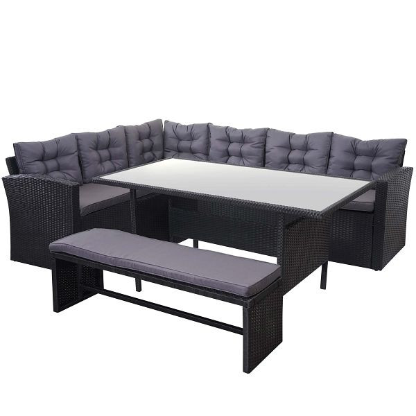 Mendler Poly-Rattan-Garnitur HWC-A29, Gartengarnitur Sitzgruppe Lounge-Esstisch-Set, schwarz, Kissen dunkelgrau, mit Bank, 64390+64391