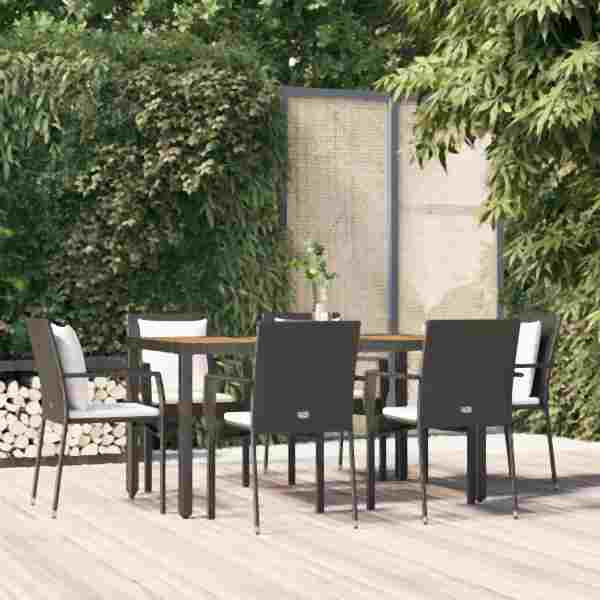 vidaXL 7-tlg. Garten-Essgruppe mit Kissen Schwarz Poly Rattan, 3157966