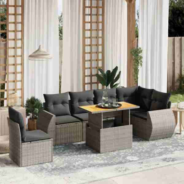 vidaXL 7-tlg. Garten-Sofagarnitur mit Kissen Grau Poly Rattan, UV-beständig, 3272222