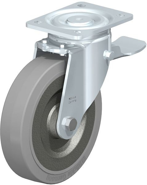 Blickle LH-SE 200K-ST-SG Stahlblech-Lenkrolle, Schwerlast-Ausführung, mit Anschraubplatte & Feststeller, Elastik-Vollgummi, Grau, 534933