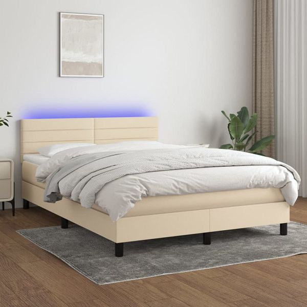 vidaXL Boxspringbett mit Matratze & LED Creme 140x190 cm Stoff, 3133234