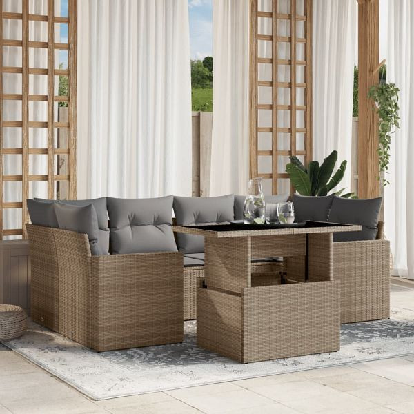 vidaXL 7-teilig Garten-Sofagarnitur mit Kissen Beige Poly Rattan, 3267129