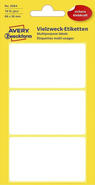 AVERY Zweckform 3084 Universal-Etiketten, 66 x 38 mm, 6 Blatt/18 Etiketten, weiß, 3084