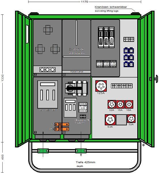 Elektra Tailfingen Anschlussverteilerschrank 111 kVA Wandlermessung, 2 RCD Typ B, 2 RCD Typ A, 6 CEE-Abgänge 16-125A, AV 160N/A/62211-4 V2, 183285