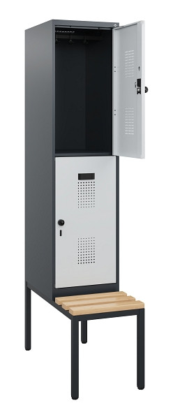 C+P Doppelstöckiger Spind Evolo PLUS, Bank, 2 Fächer, 1950x400x815mm, 7016/7035, Drehriegel, Sitzfläche Buche-Hartholz, Sitzbank, 0493505-12 S10017