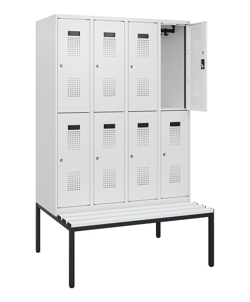 C+P Doppelstöckiger Spind Evolo PLUS, Bank, 8 Fächer, 1950x1200x815mm, 9016/9016, Zylinderschloss, Sitzfläche Kunststoff, Sitzbank, 0493505-40 S10155