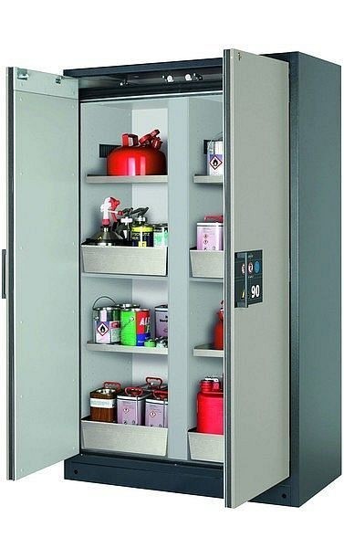 asecos Sicherheitsschrank Q-CLASSIC-90, Q90.195.120.MM in lichtgrau RAL 7035 mit 4x Fachboden (Edelstahl), 34192-041-34207