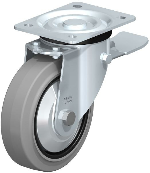 Blickle L-POEV 160KD-ST-SG-FA Stahlblech-Lenkrolle, mittelschwere Ausführung, mit Anschraubplatte & Feststeller, Elastik-Vollgummi, Grau, 749367