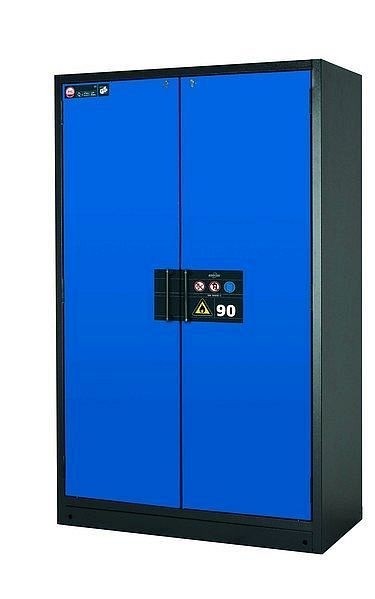 asecos Sicherheitsschrank Q-CLASSIC-90, Q90.195.120 in enzianblau RAL 5010 mit 4x Auszugswanne Standard (Edelstahl), 30001-047-30018