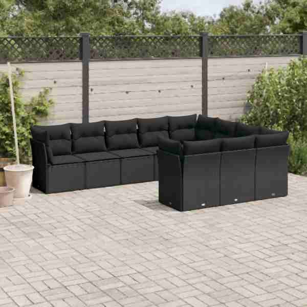 vidaXL 10-tlg. Garten-Sofagarnitur mit Kissen Schwarz Poly Rattan, UV-beständig, 3218215