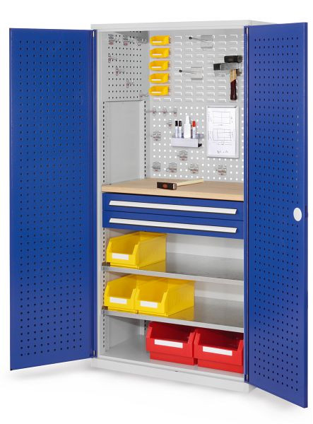 Kappes RasterPlan Schubladenschrank, Modell 14, RAL 7035/5010, Türinnenseite: Lochplatten, 1950 x 1000 x 600 mm, 2 Schubladen H 100 mm, 1460.04.3016