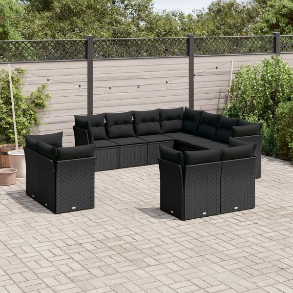 vidaXL 11-teilig Garten-Sofagarnitur mit Kissen Schwarz Poly Rattan, 3250344