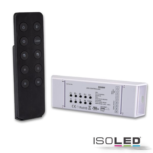 ISOLED RGB+W PWM-Dimmer mit Nah- u. Fernbedienung, 2 Szenen-Speicher, 4 Kanal, 12-36V, 4x5A, 114056