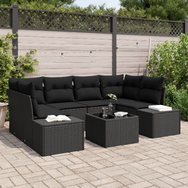 vidaXL 7-teiliges Garten Sofa Set mit Kissen Schwarz Poly Rattan, 3355632