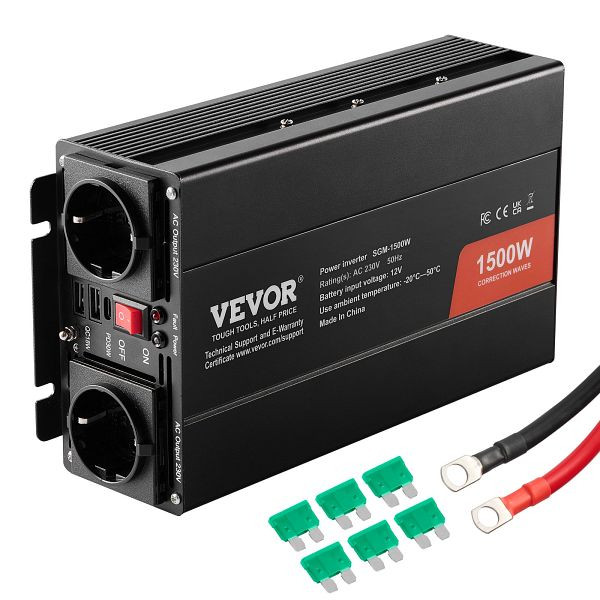 VEVOR Sinus-Wechselrichter, 1500 W DC 12 V AC 230 V mit 2 AC-Steckdosen 2 USB-Anschlüssen 1 Typ-C-Anschluss 6 Ersatzsicherungen, XZXNBQ1500WXQCR5AV2