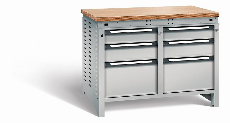 Otto Kind Werkbank Serie function Typ 215, Multiplexplatte 40 mm, bündig, 2x Unterbau + Zentralverschluss, komplett RAL 9006, 072345196