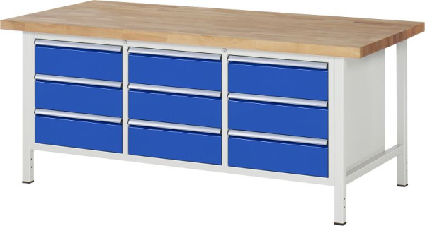 RAU Werkbank Serie 8000 - Gestell-Bauweise (Schweißgestell), Dreifach-Unterbau-Container (9x Schublade), 2000x840x900 mm, 03-8574A2-209B4S.11