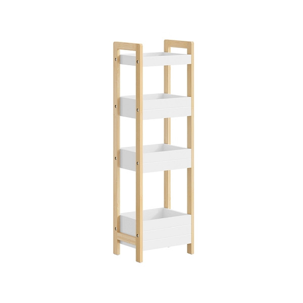 SoBuy Badezimmerregal in Weiß, Wandregal mit 4 offenen Fächern, Aufbewahrungsturm aus Bambus und MDF, 28×20×90 cm, Tragkraft 30 kg, FRG226-H-WN