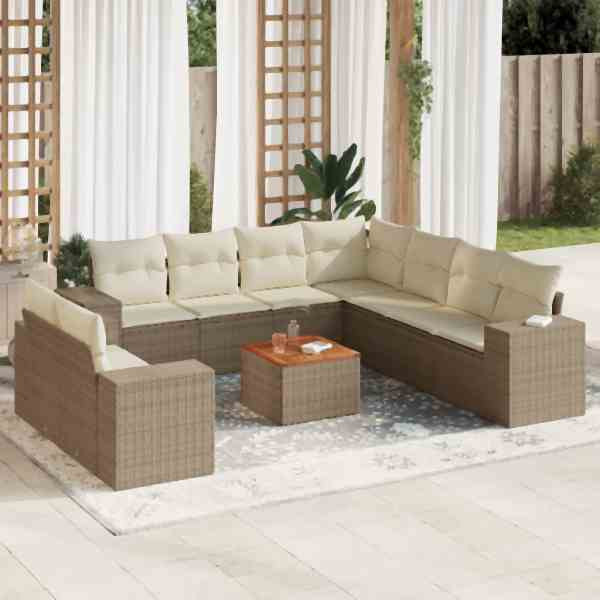 vidaXL 10-tlg. Garten-Sofagarnitur mit Kissen Beige Poly Rattan, UV-beständig, 3257843