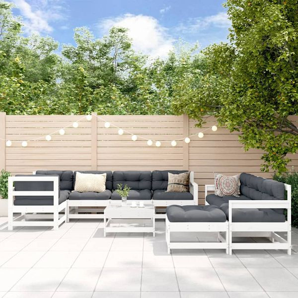 vidaXL 10-teilig Garten-Lounge-Set mit Kissen Weiß Massivholz, 3186082