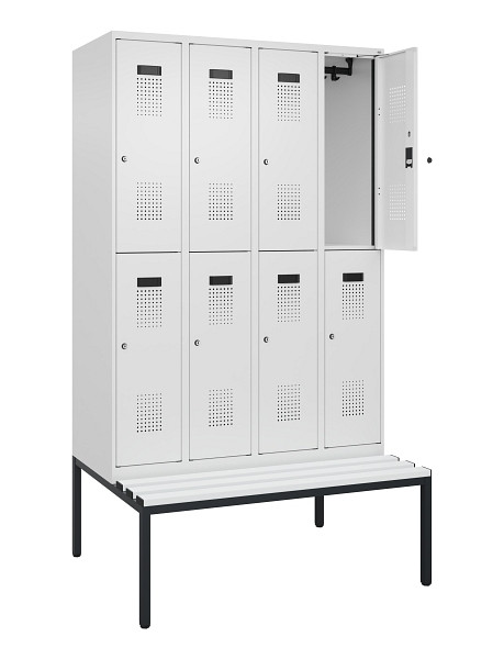 C+P Doppelstock-Spind Evolo PLUS, Bank, 8 Fächer, 2120x1200x815mm, 9016/9016, Zylinderschloss, Sitzfläche Kunststoff, Sitzbank, 0493507-40 S10135