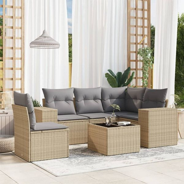 vidaXL 6-teilig Garten-Sofagarnitur mit Kissen Beige Poly Rattan, 3254916