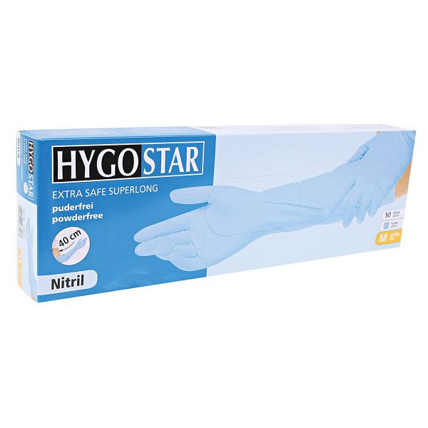 Hygostar Nitrilhandschuhe Extra Safe Superlong, blau, Größe 8/M, puderfrei Länge 40 cm, VE: 500 Stück, 270531