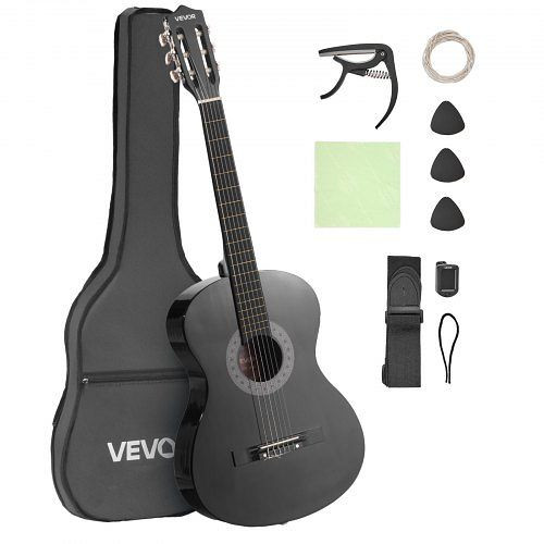 VEVOR Konzertgitarre 960 mm, Holz-Klassikgitarren-Starter-Set: Nylonsaiten, Gigbag, Gurt, Stimmgerät, Zubehör, Schwarz, JBGDJT38INCH6KMWW001V0