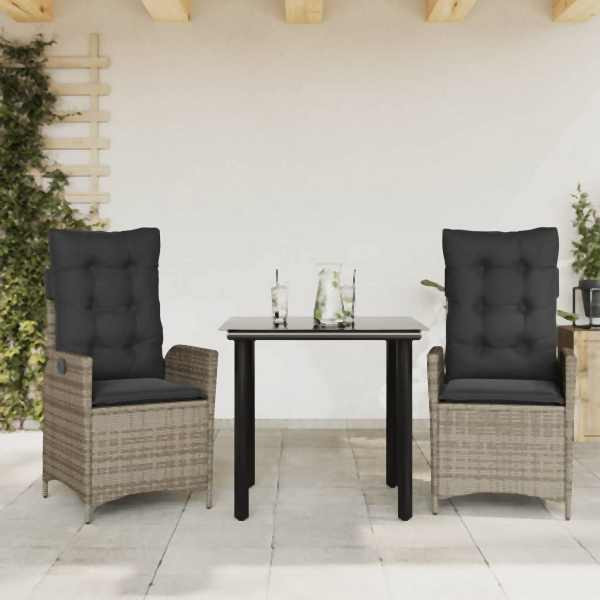 vidaXL 3-tlg. Garten-Essgruppe mit Kissen Grau Poly Rattan, UV-beständig, 3213224