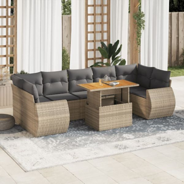 vidaXL 8-tlg. Garten-Sofagarnitur mit Kissen Beige Poly Rattan, 3327237