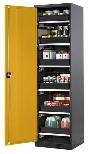 asecos Chemikalienschrank Systema-T CS-56L, Korpus anthrazit, Flügeltüren gelb, 6 Tablarauszüge, 209058