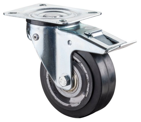 BS Rollen Lenkrolle mit Feststeller, Elastikreifen schwarz, Aluminiumfelge, Kugellager, mit lastenabhängigem Richtungsfeststeller 360°, L320.B80.100