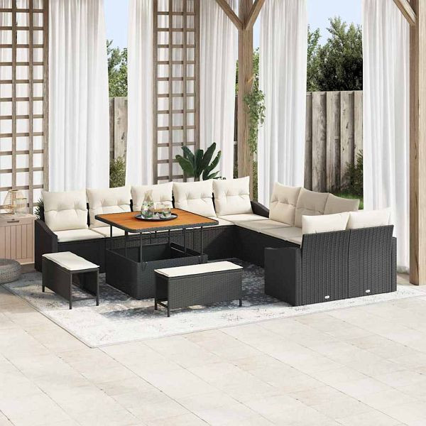 vidaXL Garten-Sofa-Set mit Kissen 13-teilig Schwarz Poly-Rattan, 3362705
