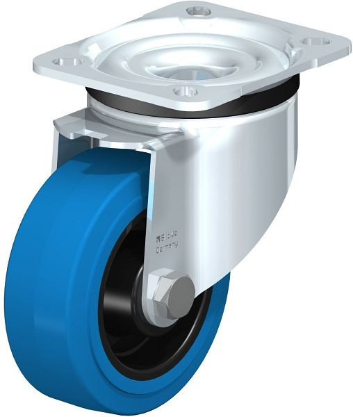 Blickle LK-POEV 100R-1-SB Stahlblech-Lenkrolle, schwere Ausführung, mit Anschraubplatte, Elastik-Vollgummi, Blau, 337204